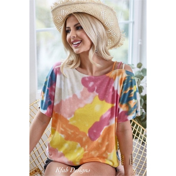 LAST 2! Tie Dye Strappy One Shoulder Super Soft Jersey Top! - Picture 4 of 10